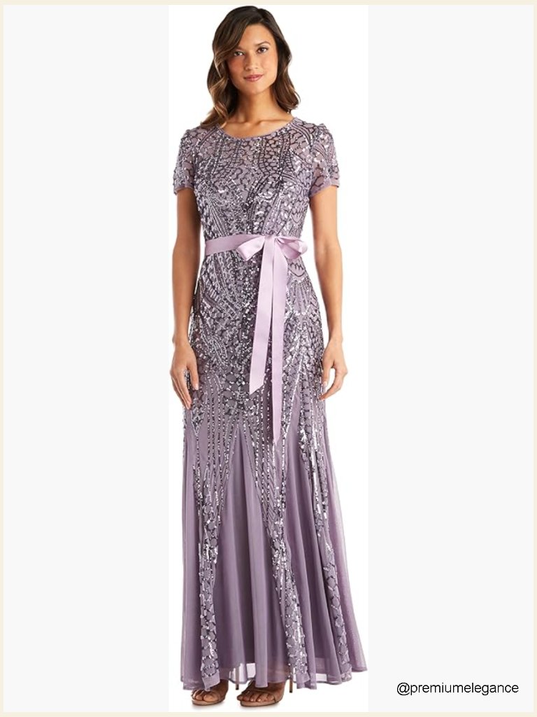 Sequin Embellished Evening Gown With Godet Skirt & Sash